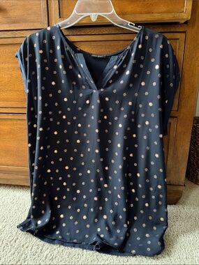 Papermoon Womens Navy V-Neck Cap Sleeve Top with Metallic Dot Print